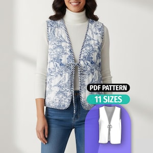 Patron de gilet matelassé - PDF numérique facile - Patron de couture pour haut à nouer - Téléchargement immédiat - 11 tailles