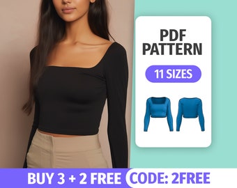 Crop Top mit quadratischem Ausschnitt | 11 Größen | Crop Top Langarm Nähanleitung | Einfache Schnittmuster PDF