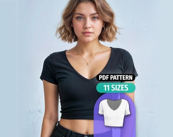 Patrón de costura para top corto con cuello en V: Top de punto de manga corta (PDF)