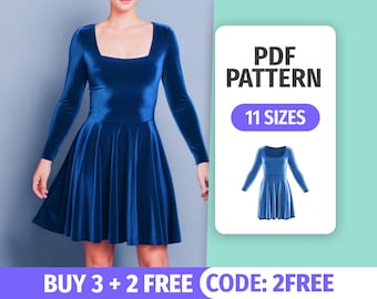 Winter Dress Sewing Pattern | 11 Sizes | LongSleeve Dress Sewing Tutorial | Easy patterns PDF