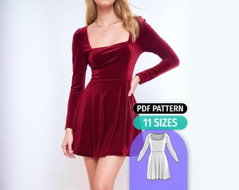 Winter Dress Pattern - Square Neck Long Sleeves - Mini Dress Sewing Patterns - Easy Digital PDF
