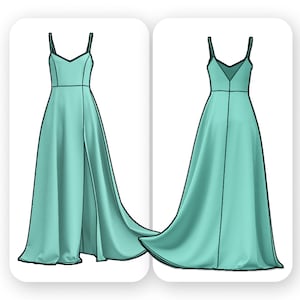 May include: A light blue maxi dress with a V-neckline and thin straps. The dress has a high slit on the front and a flowing skirt.
