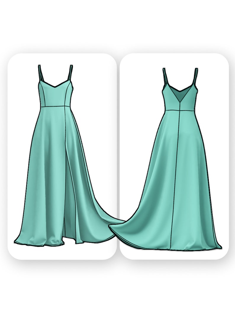 May include: A light blue maxi dress with a V-neckline and thin straps. The dress has a high slit on the front and a flowing skirt.