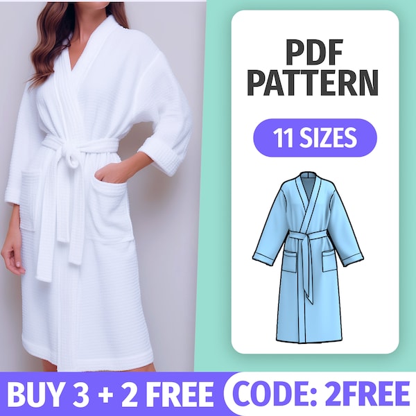 Patron de couture de robe de chambre • Tutoriel de couture de manteau d'intérieur • Patron PDF de peignoir pour femme et homme • 11 tailles