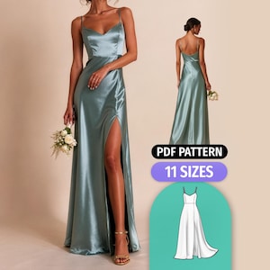 Maxi Slit Dress Sewing Pattern | Satin Bridesmaid Dress Pattern  | Formal Evening Prom Gown | 11 Sizes | PDF Sewing Pattern
