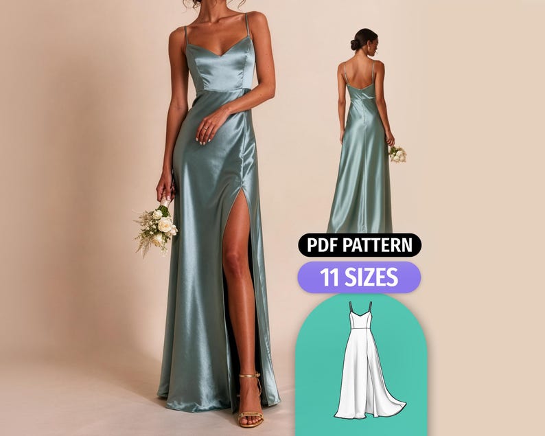 Maxi Slit Dress Sewing Pattern | Satin Bridesmaid Dress Pattern | Formal Evening Prom Gown | 11 Sizes | PDF Sewing Pattern image 1
