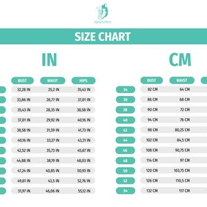 May include: A size chart for clothing with measurements in inches and centimetres. The chart shows bust, waist, and hip measurements for sizes 34 to 54.