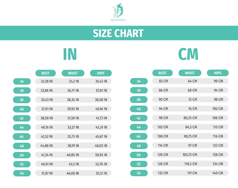 May include: A size chart for clothing with measurements in inches and centimetres. The chart shows bust, waist, and hip measurements for sizes 34 to 54.