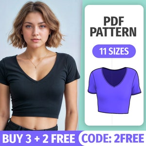 V Neck Crop Top Sewing Pattern | 11 Sizes | Knit Short Sleeve Cropped Top Sewing Tutorial | Easy patterns PDF