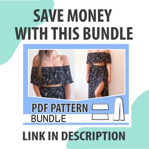 May include: A digital illustration of a black and white floral print off-the-shoulder top and skirt set. The text "SAVE MONEY WITH THIS BUNDLE" is at the top of the image. The text "PDF PATTERN BUNDLE" is in the center of the image. The text "LINK IN DESCRIPTION" is at the bottom of the image.