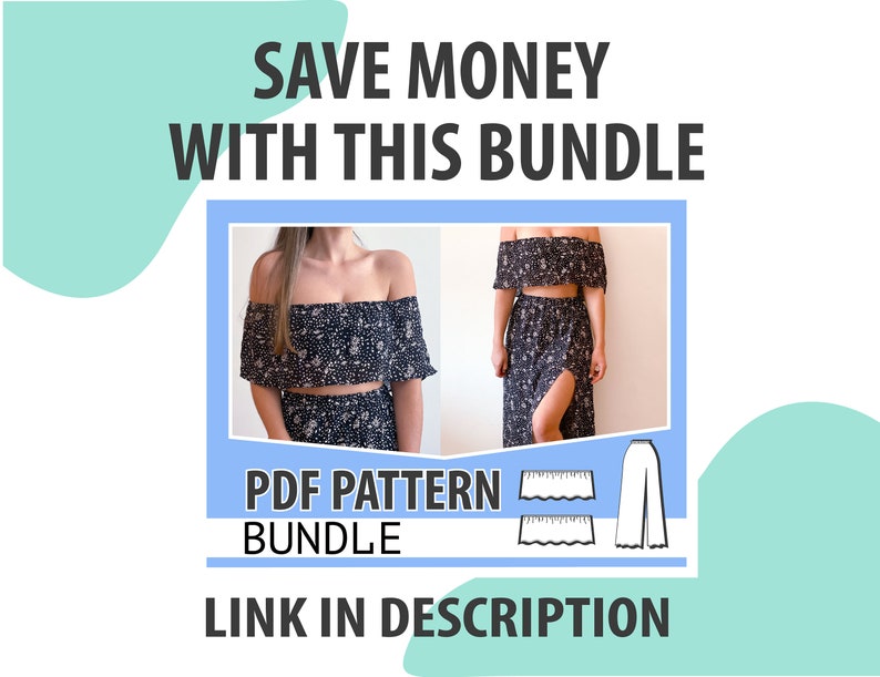 May include: A digital illustration of a black and white floral print off-the-shoulder top and skirt set. The text "SAVE MONEY WITH THIS BUNDLE" is at the top of the image. The text "PDF PATTERN BUNDLE" is in the center of the image. The text "LINK IN DESCRIPTION" is at the bottom of the image.