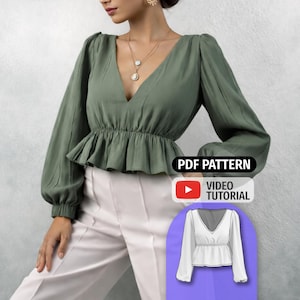 Patrón de costura de blusa fácil / Patrón de blusa para mujer / Patrón de blusa con volantes / Patrón de costura de top corto / Patrón de blusa con mangas abullonadas / Top peplum