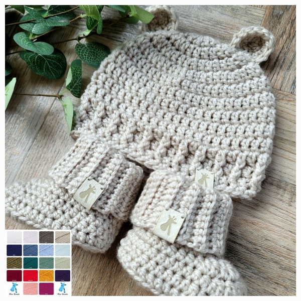 Baby Hat and Booties, Crochet Baby Hat, Baby Bear Hat, Baby Shower Gift, Baby Booties, Newborn Gift, Unisex Baby Gift,