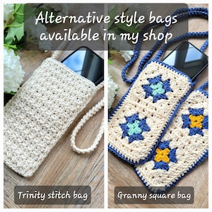 May include: Two crocheted phone bags, one with a trinity stitch pattern and the other with a granny square pattern. Both bags are cream colored with blue and green accents. The text "Alternative style bags available in my shop" is at the top of the image.