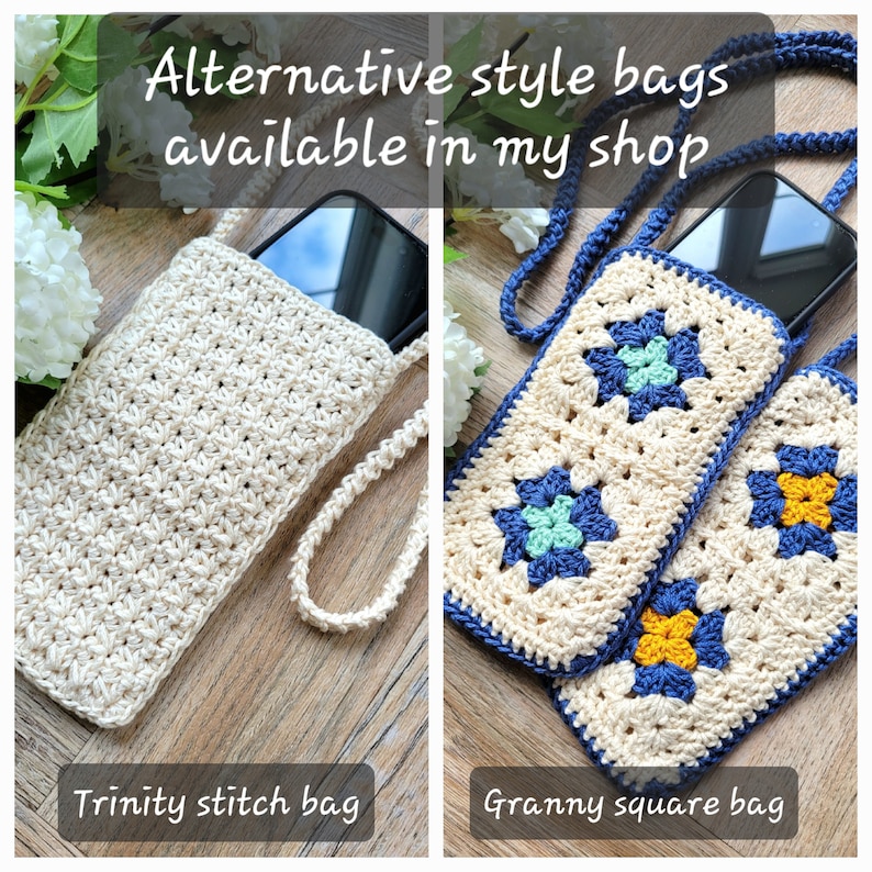 May include: Two crocheted phone bags, one with a trinity stitch pattern and the other with a granny square pattern. Both bags are cream colored with blue and green accents. The text "Alternative style bags available in my shop" is at the top of the image.