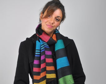 Rainbow scarf, woven scarf, silk scarf, handwoven, scarf with colorful stripes, elegant scarf, soft, supple silk