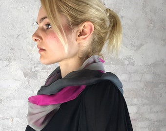 Lightweight round scarf, soft chiffon silk, scarf in pink, grey and dark grey, soft necklace, handmade accessory in pure silk
