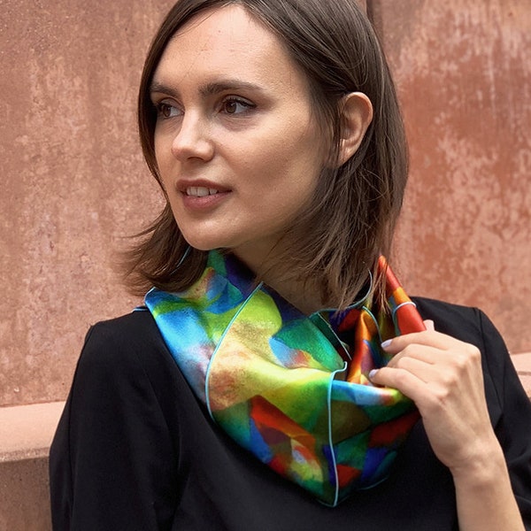 Foulard en boucle de soie coloré//Imprimé August Macke//Couleurs vives//soie satinée douce chatoyante//