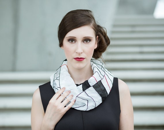 Loop Scarf in Black and White With Red Accent, Silk Loop, Handmade