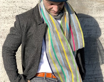 Natural linen scarf with colorful stripes, handwoven in Hamburg