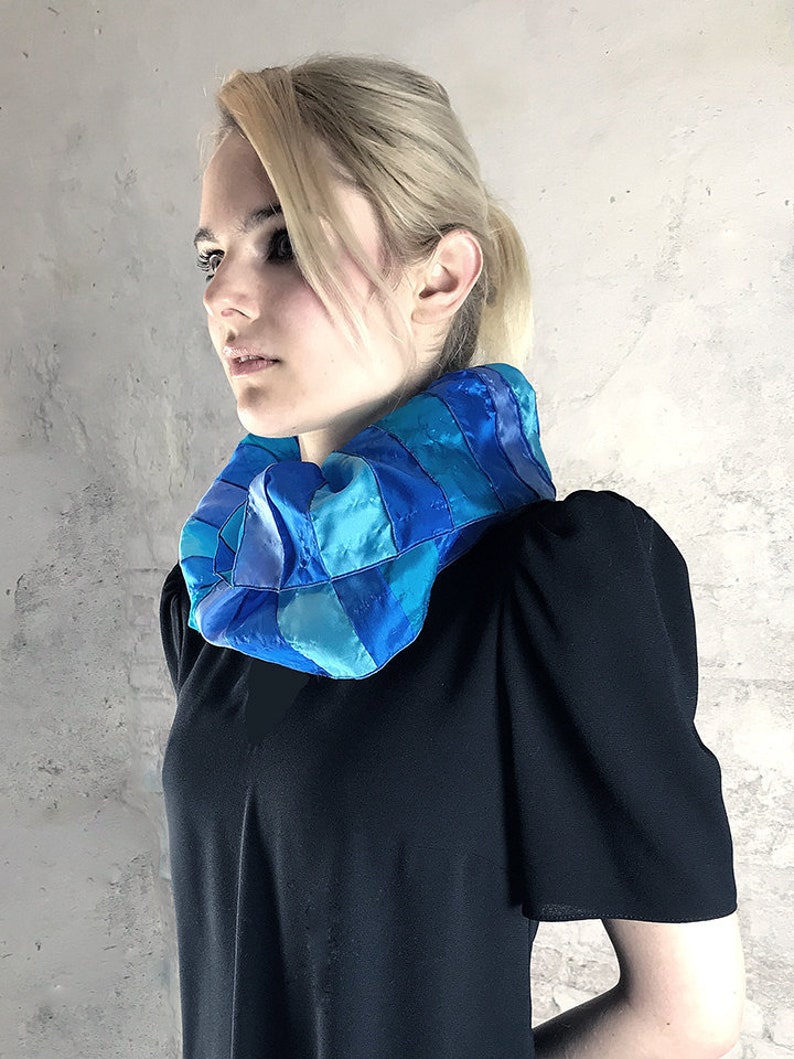 Blue silk, light blue and mint loop scarf, handmade scarf, soft silk loop in watercolors, pongé silk image 1