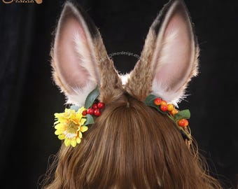 Faux Fur Rabbit Bunny Ears Headband & Bunny Tail Set: Cosplay Costume Rabbit Accessory Lolita