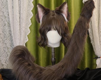 Faux Fur Cat Ears Headband & Tail Set: Cosplay Costume Ragdoll Cat Kitten
