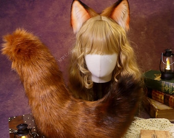 Faux Fur Red Fox Ears and Tail Set, Halloween Cosplay Accessory