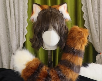 Kunstpelz Roter Panda Ohren und Schwanz Set, Halloween Cosplay