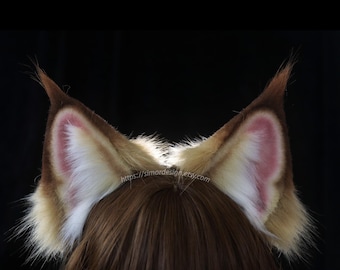 Diadema y cola de orejas de gato de lince caracal de piel sintética, accesorio para cosplay