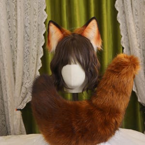 Faux Fur Fox Red Ears Fox Tail Red,Plush Red Fox Ears Headband,Handcrafted Animal Ears for Halloween Cosplay,Cute Kawaii Lolita Accessory