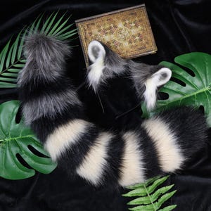 Handmade Realistic Faux Fur Raccoon Baby Ears Tail| Plush Animal Ear Headband |Handcrafted Animal Ears for Cosplay, Lolita| Kawaii Accessory