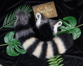 Faux Fur Raccoon Ears and Tail Set: Cosplay Animal Headband