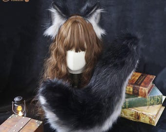 Faux Fur Wolf Ears and Tail Set, Light Gray Cosplay Headband