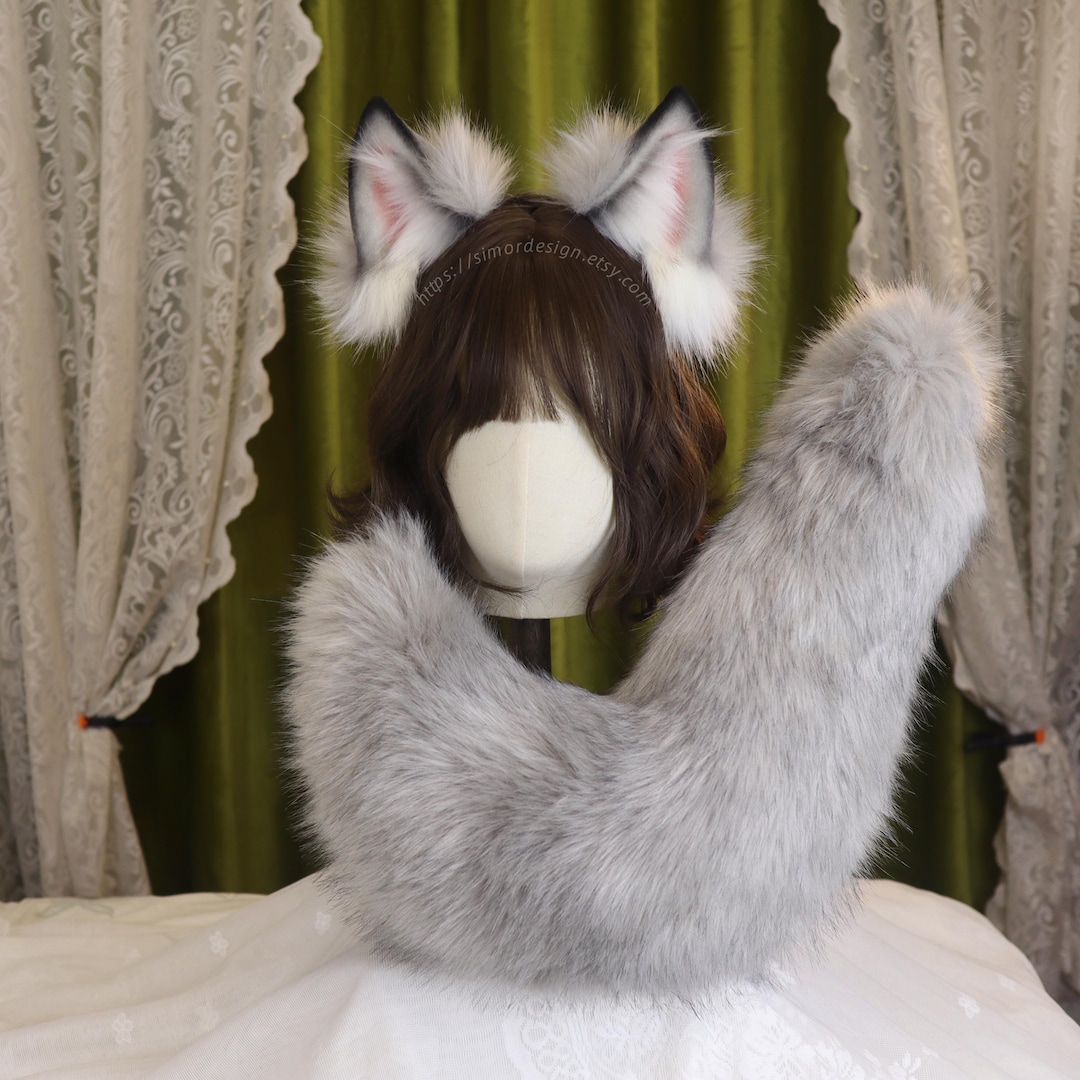 Faux Fur Wolf Ears and Tail Set, Light Gray Cosplay Headband - Etsy Mauritania
