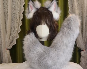 Faux Fur Wolf Ears and Tail Set, Light Gray Cosplay Headband