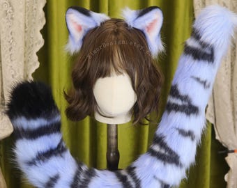Blue Faux Fur Tiger Ears Headband & Tail: Cosplay Costume Accessory