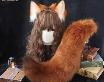 Faux Fur Red Fox Ears and Tail Set, Halloween Cosplay Accessory