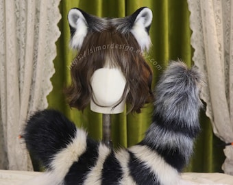 Faux Fur Raccoon Ears Headband & Tail Set: Cosplay Animal Costume