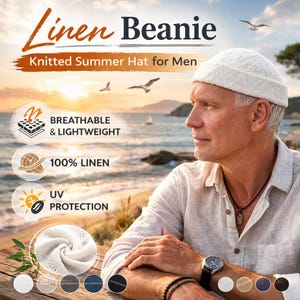 Op de afbeelding: Een witte gebreide linnen muts met een opgerolde rand. De afbeelding bevat tekst met Linen Beanie, Knitted Summer Hat for Men, Breathable & Lightweight, 100% Linen en UV Protection, naast een close-up van de textuur van de witte stof.