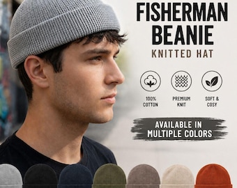 Op de afbeelding: Een grijze vissersmuts van 100% katoen. De afbeelding toont de hoed op een persoon en toont de tekst "100% Cotton Fisherman Beanie Knitted Hat". Extra mutsen in zwart, marine, olijf, bruin, crème en oranje worden getoond.
