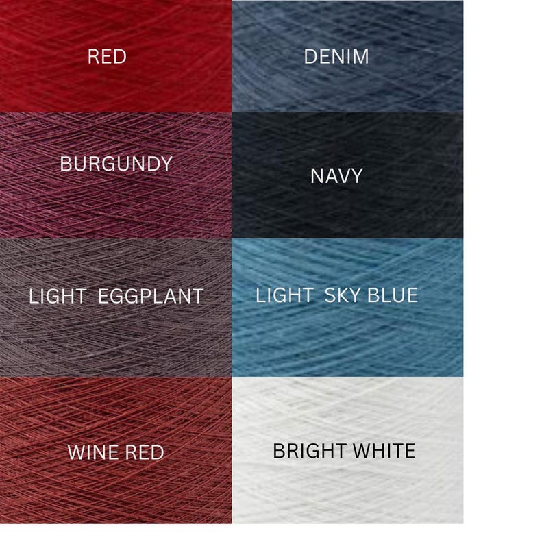 May include: A grid of eight yarn color swatches labeled Red, Denim, Burgundy, Navy, Light Eggplant, Light Sky Blue, Wine Red, and Bright White. Each square displays the textured, fibrous surface of the yarn in its respective solid color.