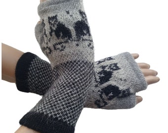 Alpaca vingerloze handschoenen met kattenornament Gebreide handschoenen met duim Handwarmers Polswarmers Autohandschoenen Gebreide accessoires