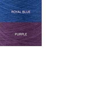 May include: Two stacked cones of yarn. The top cone is royal blue with the text ROYAL BLUE printed in white. The bottom cone is purple with the text PURPLE printed in white. The yarn has a fine, textured appearance with visible winding patterns.
