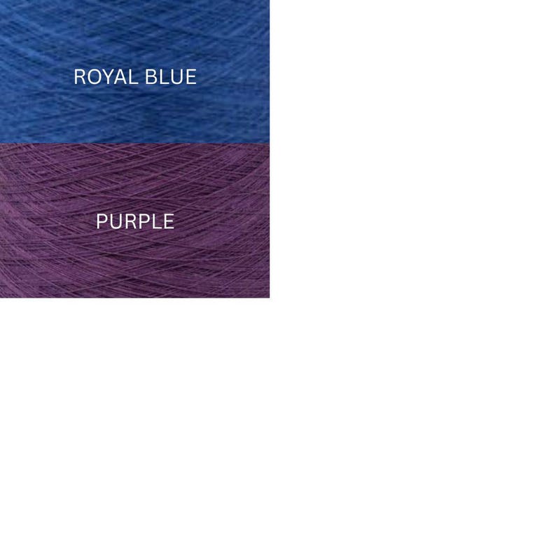 May include: Two stacked cones of yarn. The top cone is royal blue with the text ROYAL BLUE printed in white. The bottom cone is purple with the text PURPLE printed in white. The yarn has a fine, textured appearance with visible winding patterns.
