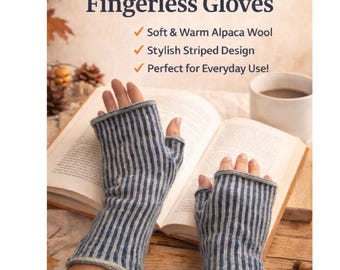 Striped Alpaca Wool Fingerless Gloves, Knitted Wrist Warmers