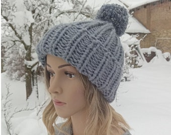 Bonnet super épais pour femme Bonnet d'hiver avec pompon Accessoires en tricot