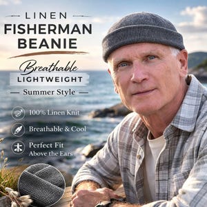 Op de afbeelding: Een antracietgrijze vissersmuts van gebreide stof met een textuur. De muts heeft een opgerolde boord die boven de oren valt. De tekst op de afbeelding luidt: LINEN FISHERMAN BEANIE, Breathable, LIGHTWEIGHT, Summer Style, 100% Linen Knit.
