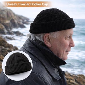 Black Knit Fisherman Hat: Unisex Trawler Docker Cap