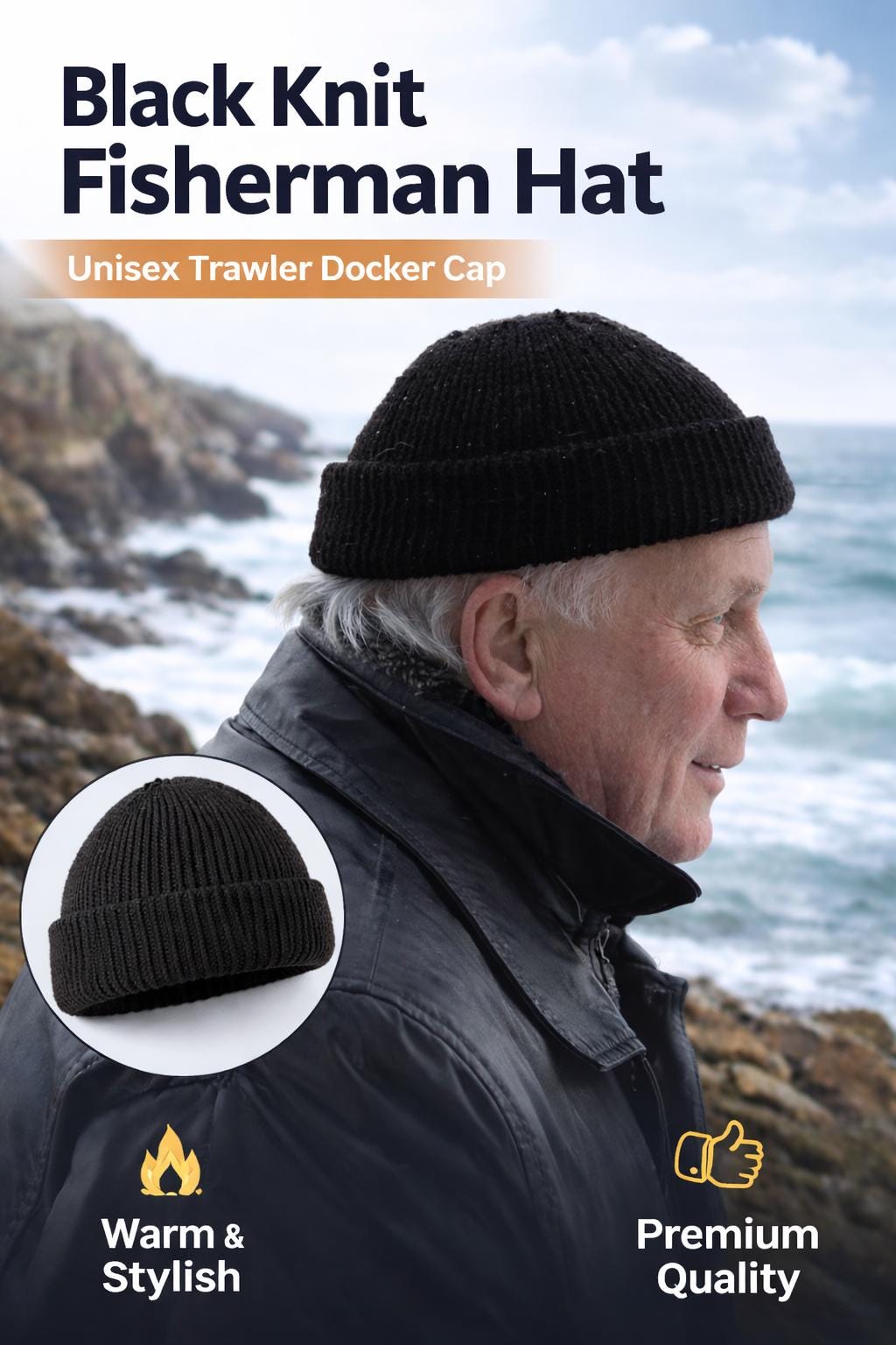 Black Knit Fisherman Hat: Unisex Trawler Docker Cap - Etsy